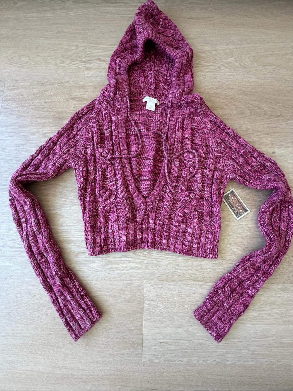 Arizona Jean Company Cropped Hooded V-Neck Sweater in Plum